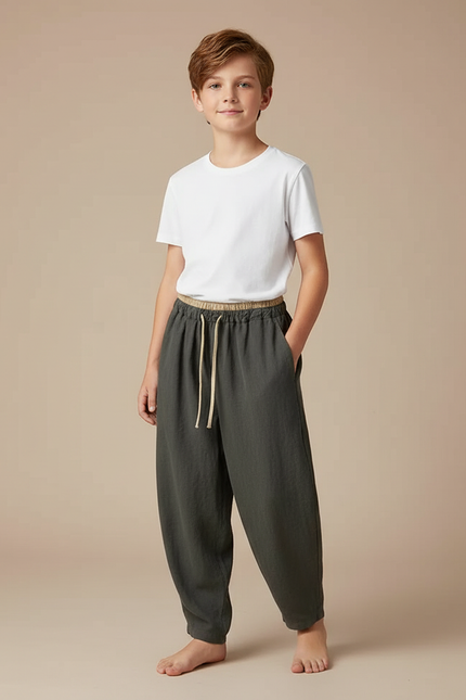 Pantalon Fluide Kaki Coton Lin Ample Décontracté