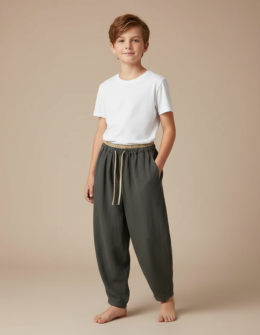 Pantalon Fluide Kaki Coton Lin Ample Décontracté