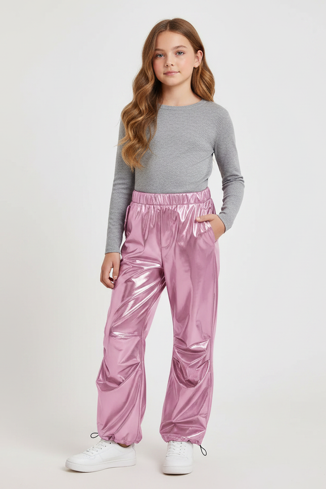 Pantalon Fluide Métallisé Rose Cargo Brillant Fille - Polyester