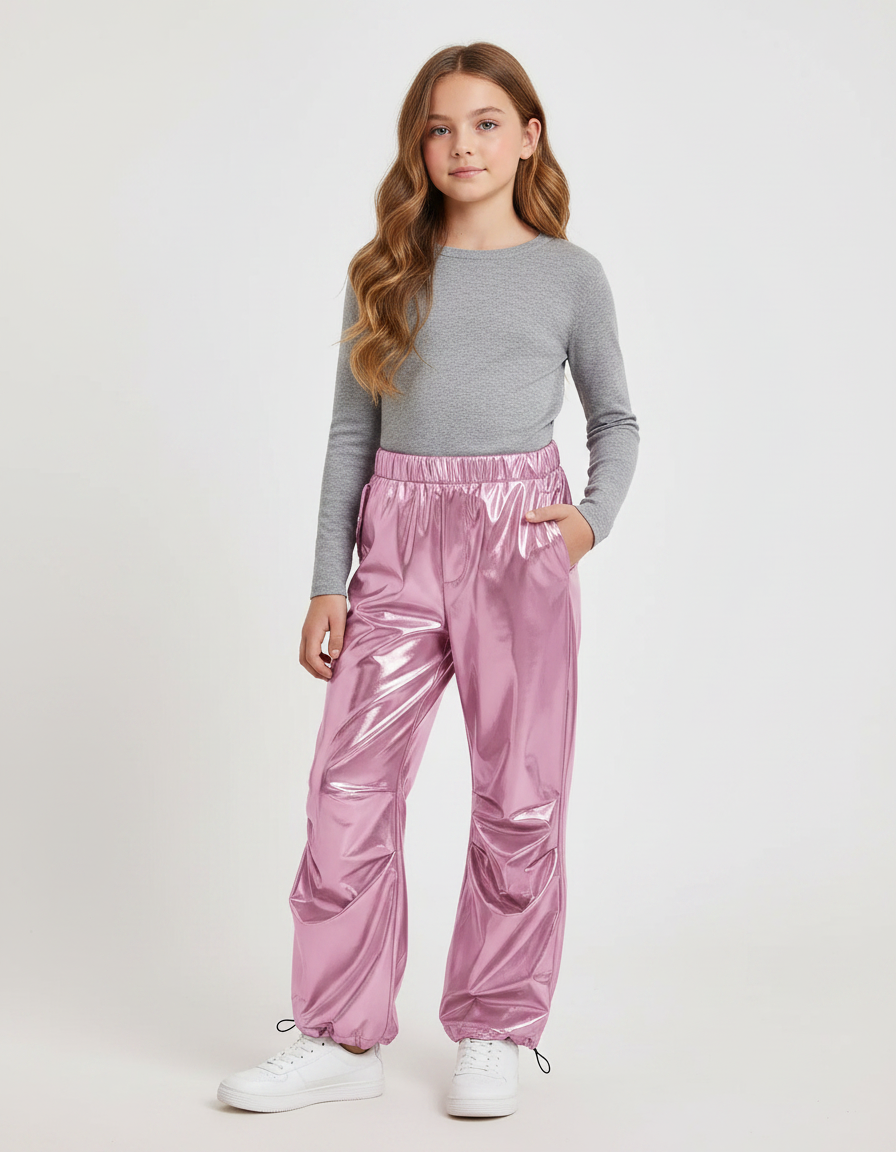 Pantalon Fluide Métallisé Rose Cargo Brillant Fille - Polyester