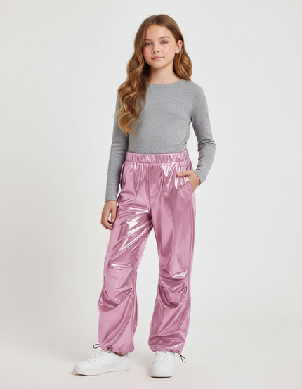 Pantalon Fluide Métallisé Rose Cargo Brillant Fille - Polyester