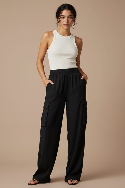 Pantalon Fluide Noir Ample Cargo Taille Élastique - Polyester
