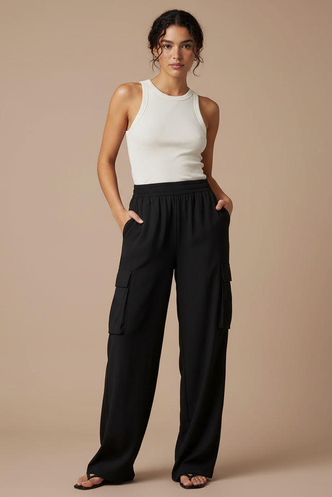 Pantalon Fluide Noir Ample Cargo Taille Élastique - Polyester