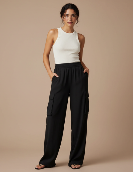 Pantalon Fluide Noir Ample Cargo Taille Élastique - Polyester