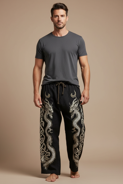 Pantalon Fluide Noir Brodé Dragon Cordon Ample Homme - Lin