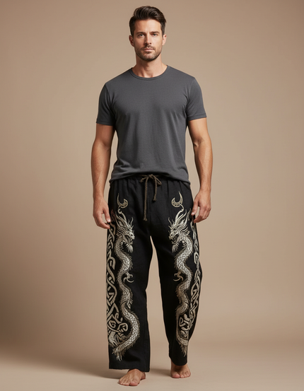 Pantalon Fluide Noir Brodé Dragon Cordon Ample Homme - Lin