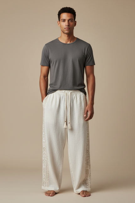 Pantalon Fluide Écru Lin Ample Ethnique Cordon Homme - Beige