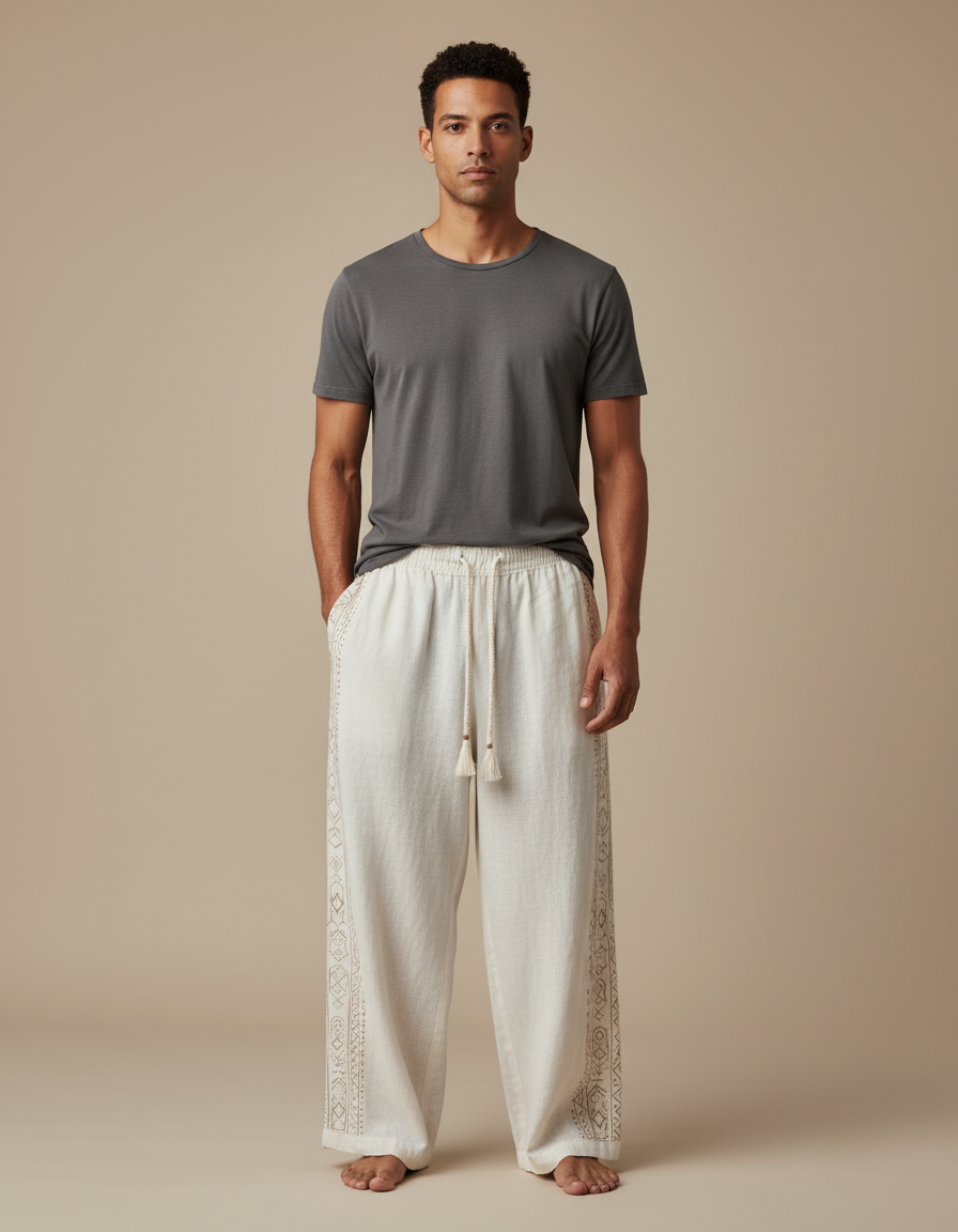 Pantalon Fluide Écru Lin Ample Ethnique Cordon Homme - Beige