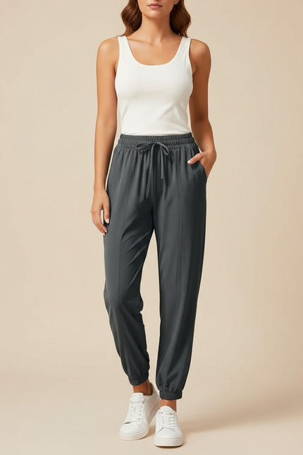 Pantalon Fluide Gris Ample Sportif Décontracté Chevilles Resserrées Femme - Polyester