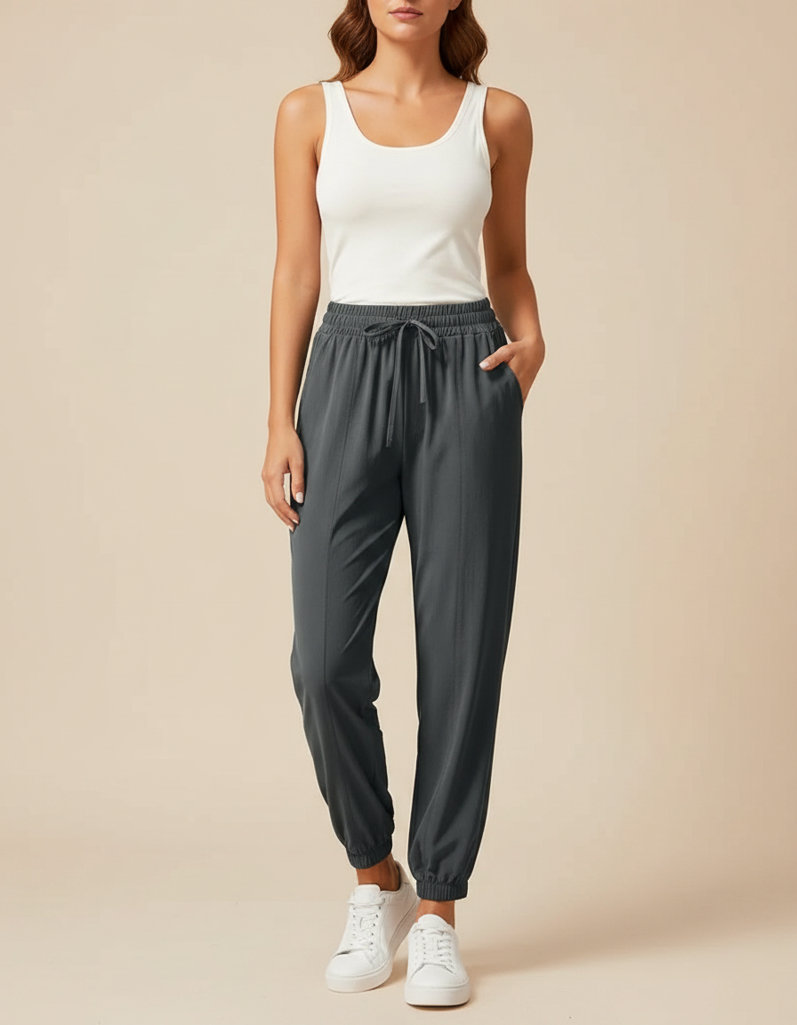 Pantalon Fluide Gris Ample Sportif Décontracté Chevilles Resserrées Femme - Polyester