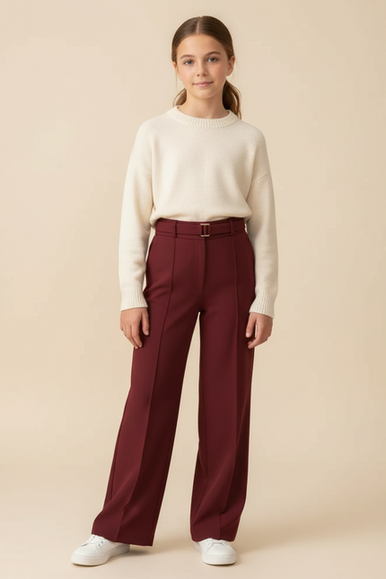 Pantalon Fluide Bordeaux Droit Ceinturé Élégant Fille - Polyester