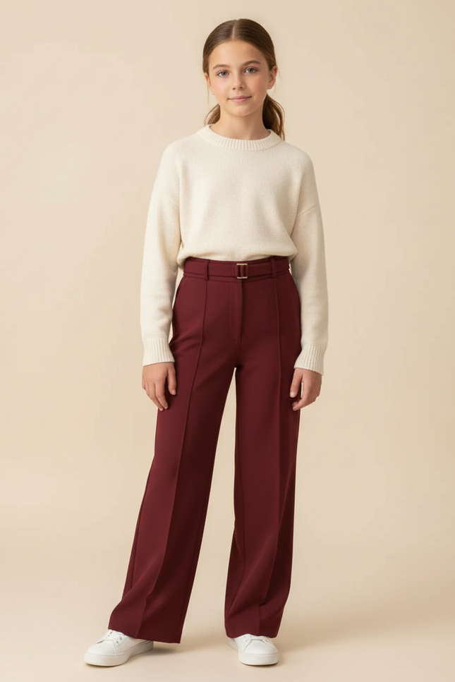 Pantalon Fluide Bordeaux Droit Ceinturé Élégant Fille - Polyester