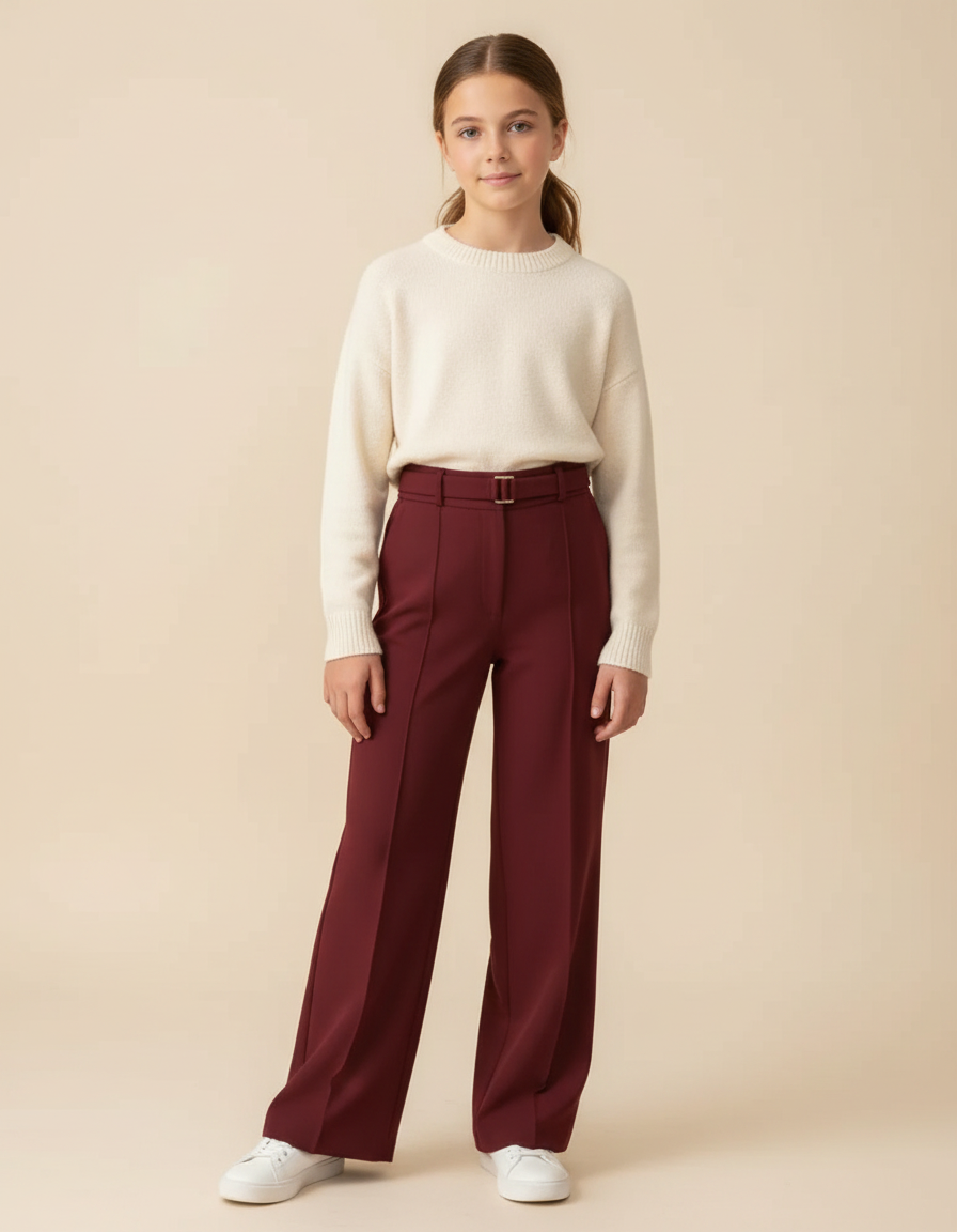 Pantalon Fluide Bordeaux Droit Ceinturé Élégant Fille - Polyester