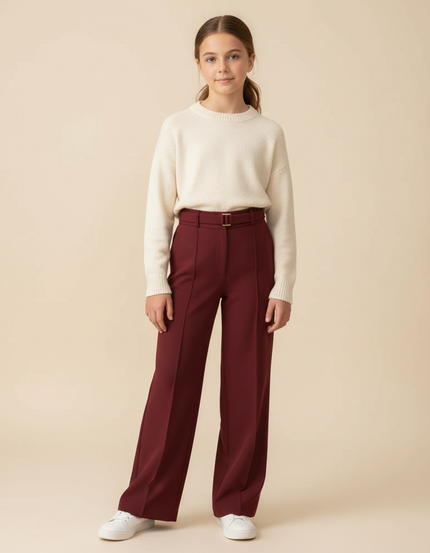 Pantalon Fluide Bordeaux Droit Ceinturé Élégant Fille - Polyester