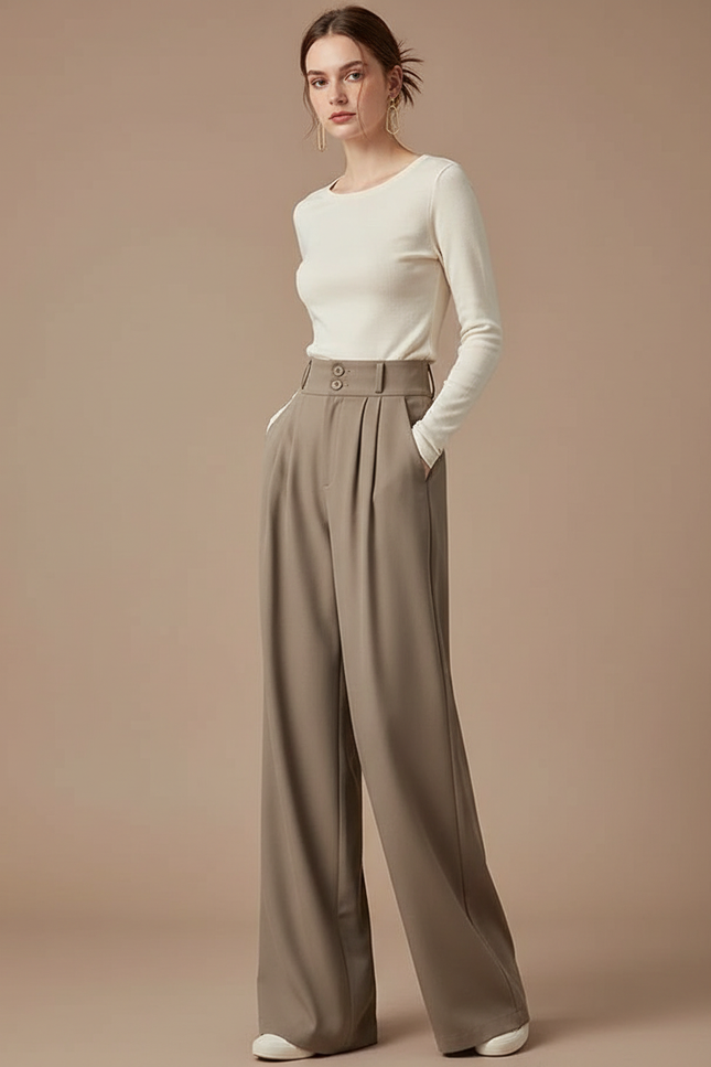 Pantalon Fluide Femme Patte D'éléphant - Kaki Viscose