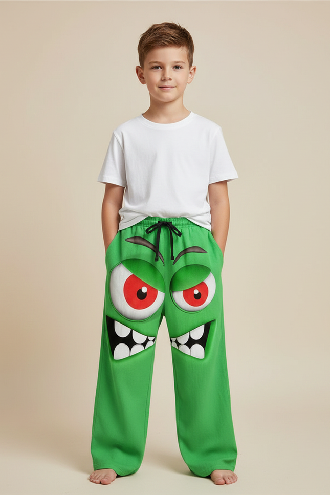 Pantalon Fluide Vert Ample Motif Monstre Rigolo Enfant - Molleton