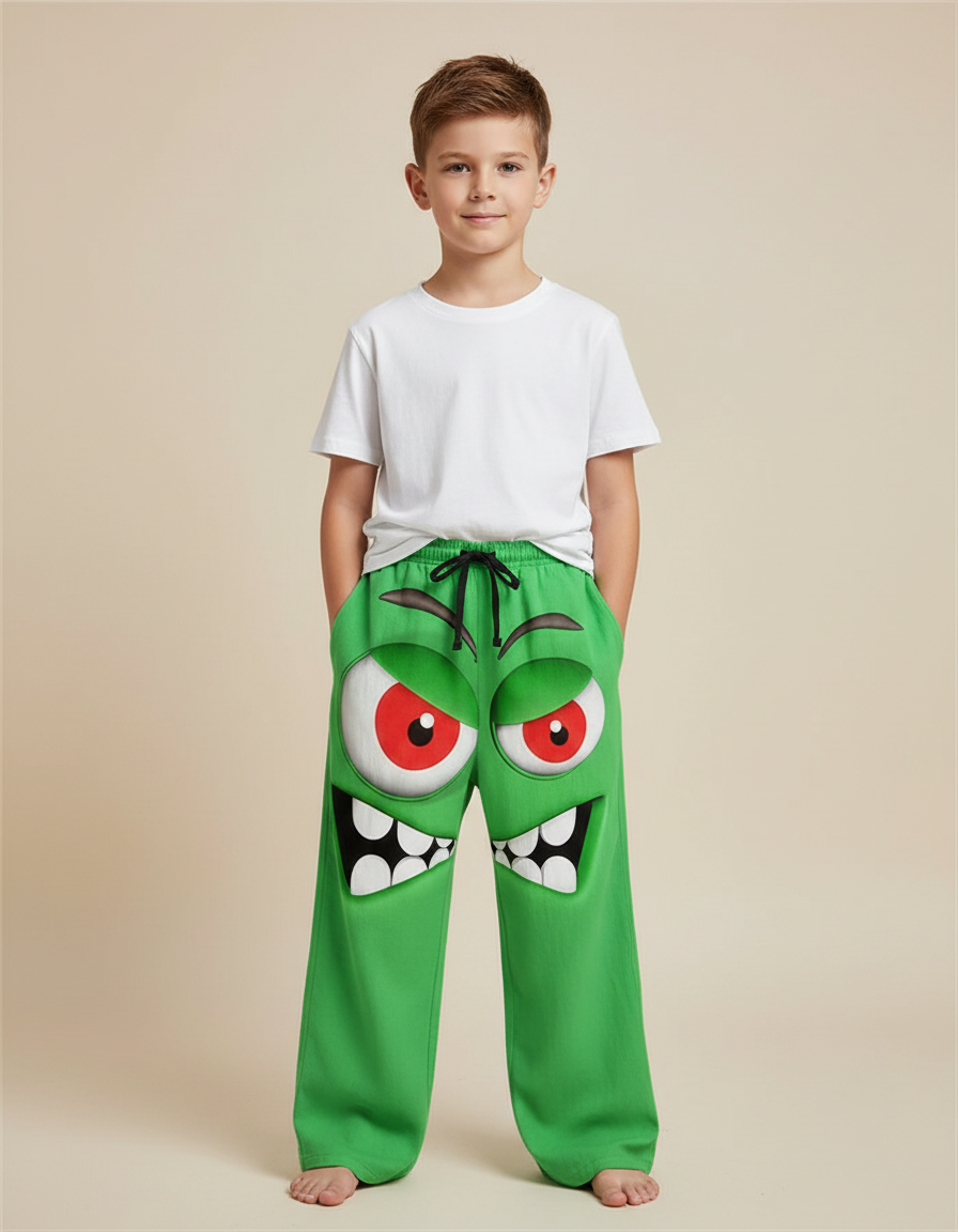 Pantalon Fluide Vert Ample Motif Monstre Rigolo Enfant - Molleton