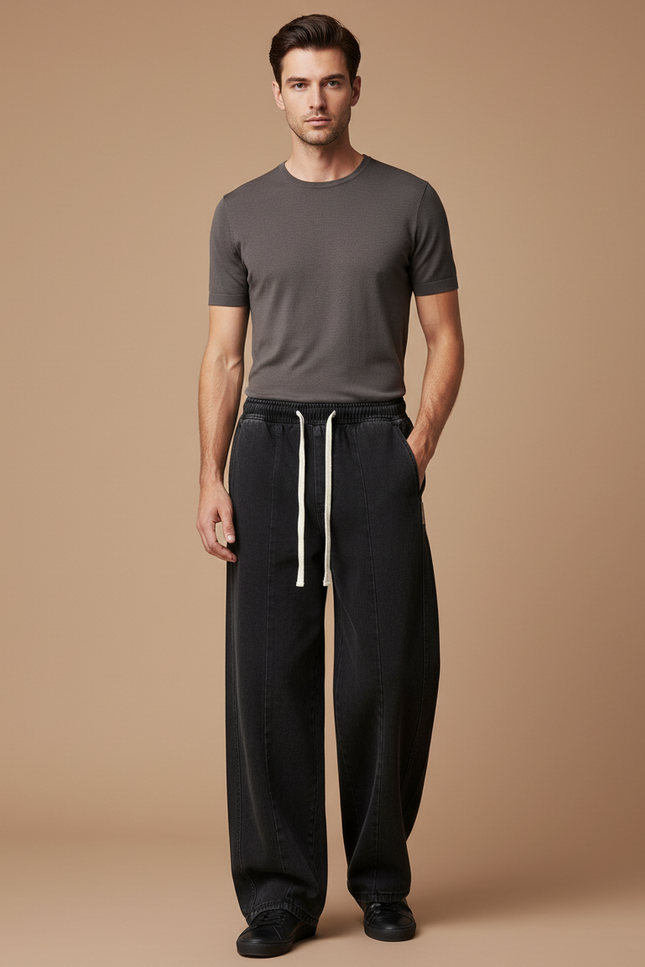 Pantalon Fluide Noir Ample Cordon Homme Décontracté Sportswear - Jean