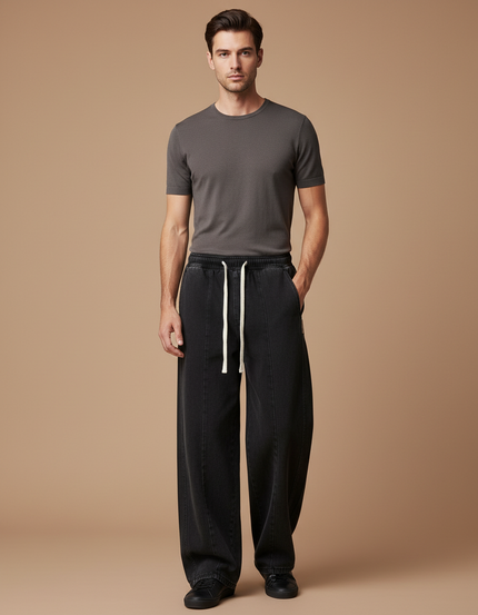 Pantalon Fluide Noir Ample Cordon Homme Décontracté Sportswear - Jean