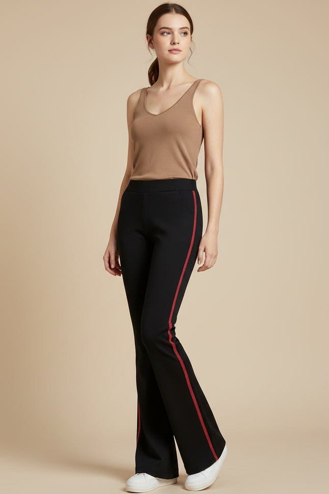 Pantalon Fluide Noir Évasé Bande Latérale Rouge - Polyester