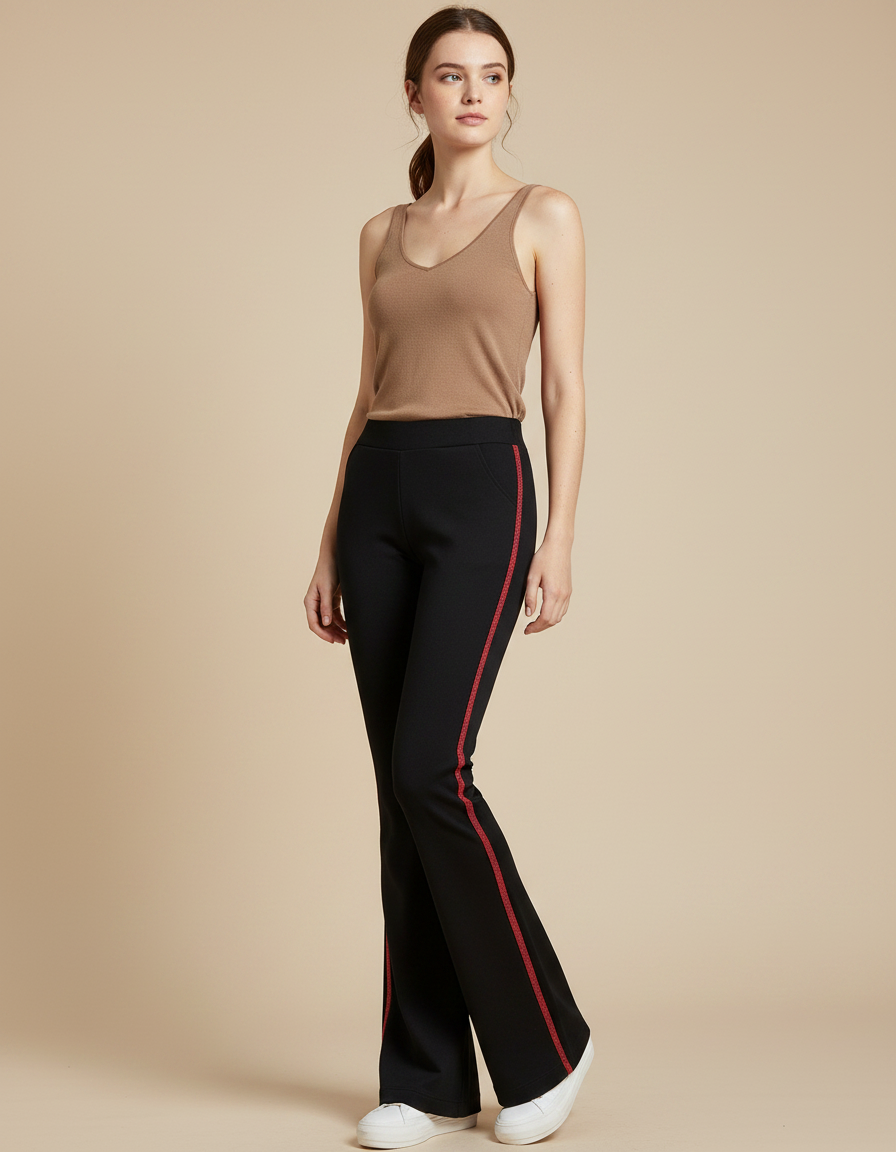 Pantalon Fluide Noir Évasé Bande Latérale Rouge - Polyester