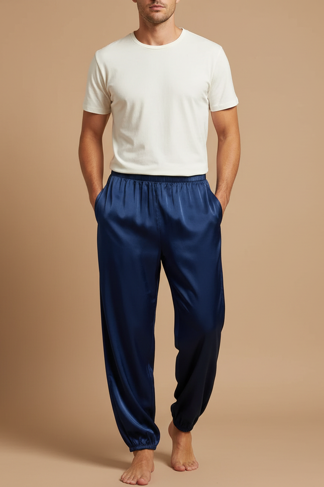 Pantalon Fluide Bleu Marine Satin Ample Élastique Homme