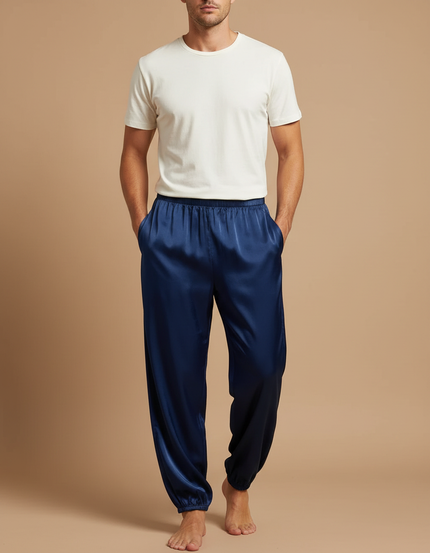 Pantalon Fluide Bleu Marine Satin Ample Élastique Homme