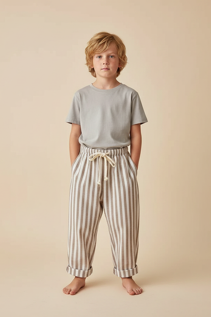 Pantalon Fluide Rayé Marron Blanc Ample Coton - Multicolore