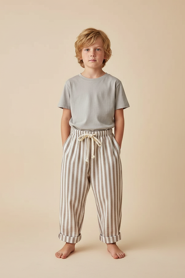 Pantalon Fluide Rayé Marron Blanc Ample Coton - Multicolore