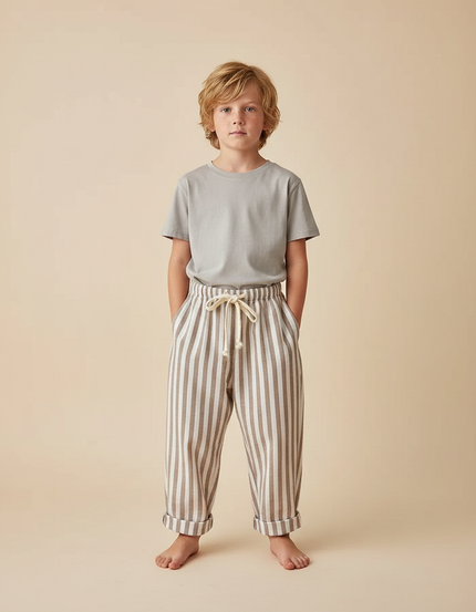 Pantalon Fluide Rayé Marron Blanc Ample Coton - Multicolore