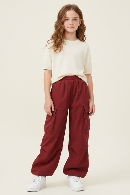 Pantalon Fluide Cargo Rouge Ample Enfant Streetwear - Bordeaux Viscose