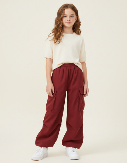 Pantalon Fluide Cargo Rouge Ample Enfant Streetwear - Bordeaux Viscose
