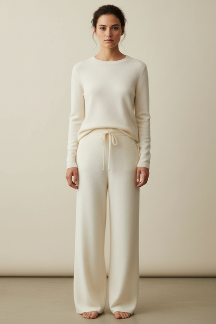 Pantalon Fluide Écru Ample Maille Cordon Femme - Beige