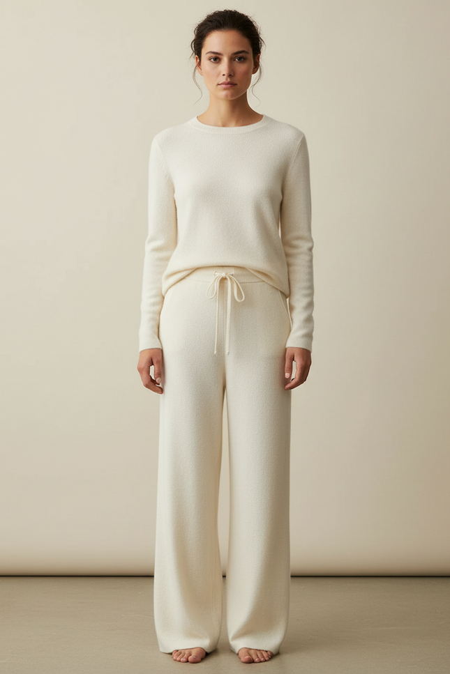 Pantalon Fluide Écru Ample Maille Cordon Femme - Beige