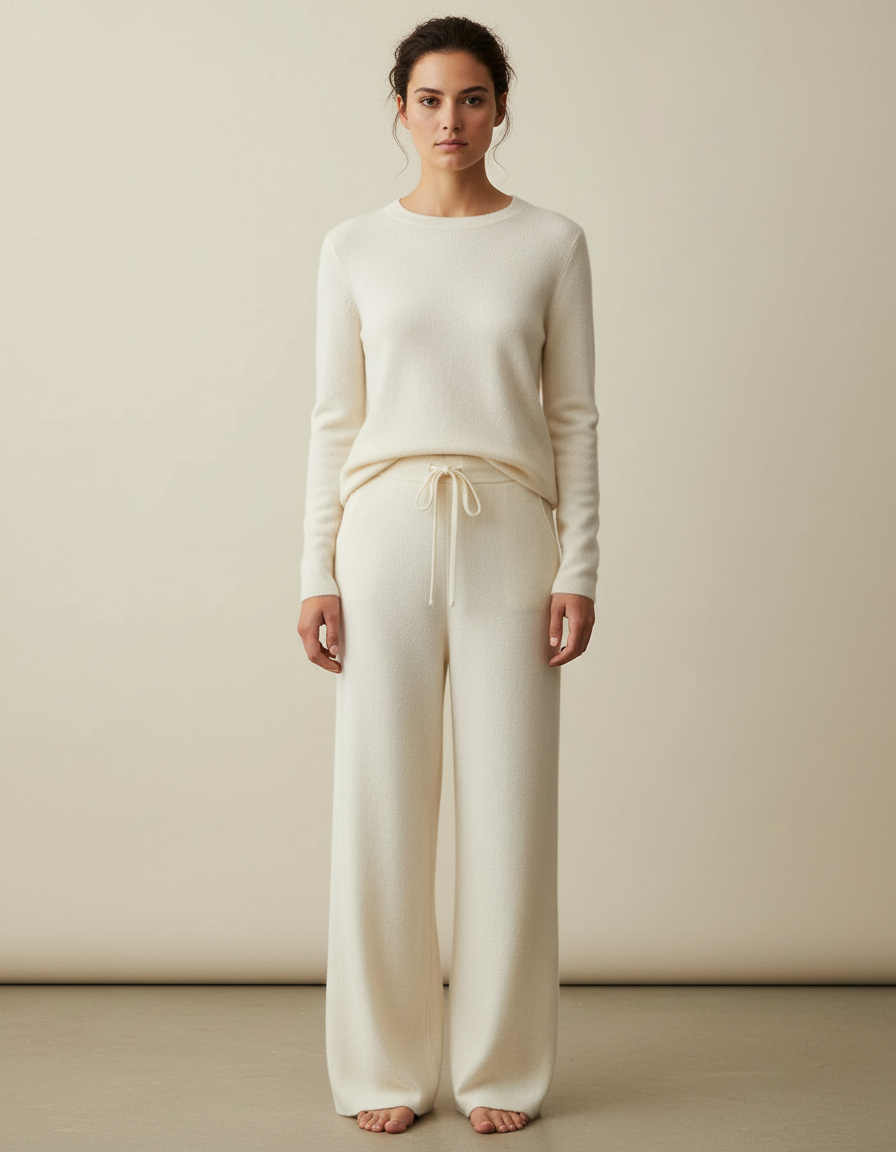 Pantalon Fluide Écru Ample Maille Cordon Femme - Beige