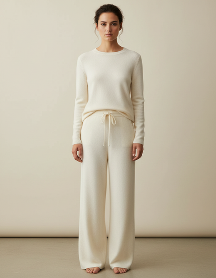 Pantalon Fluide Écru Ample Maille Cordon Femme - Beige