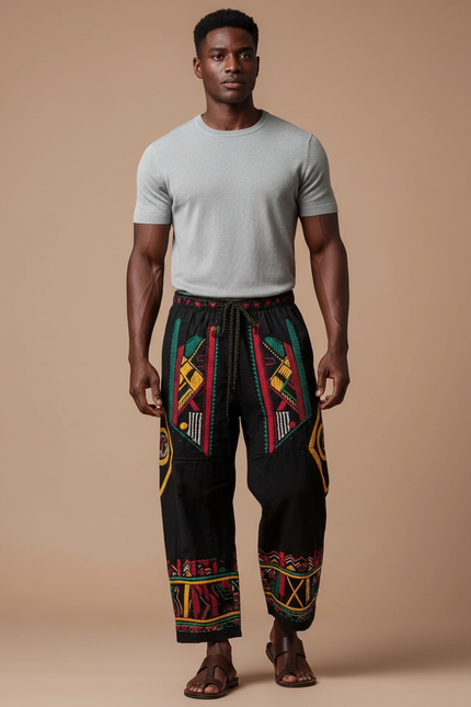 Pantalon Fluide Noir Ample Tribal Africain Coloré Décontracté - Multicolore Toile