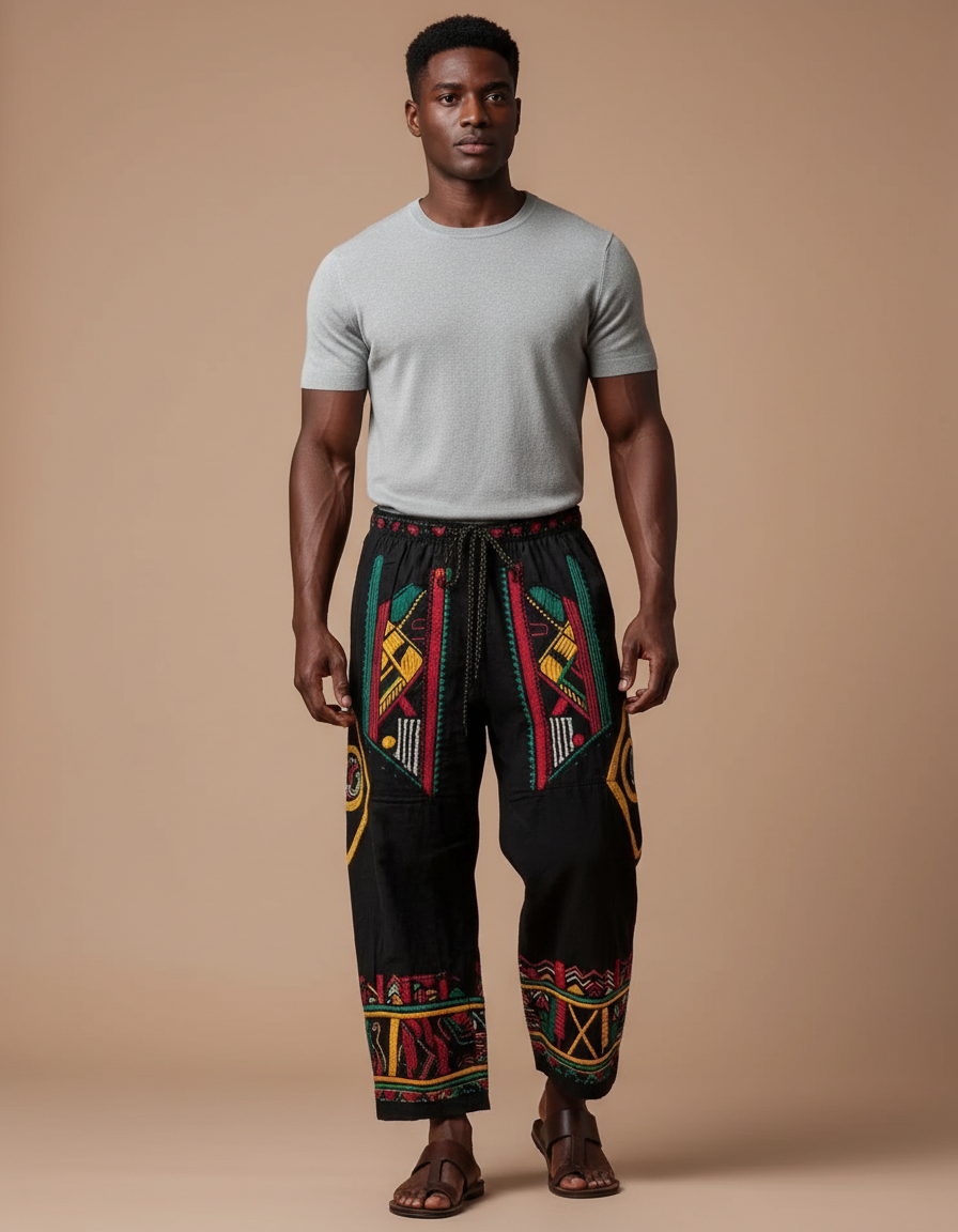 Pantalon Fluide Noir Ample Tribal Africain Coloré Décontracté - Multicolore Toile