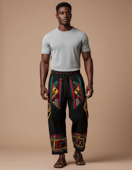 Pantalon Fluide Noir Ample Tribal Africain Coloré Décontracté - Multicolore Toile