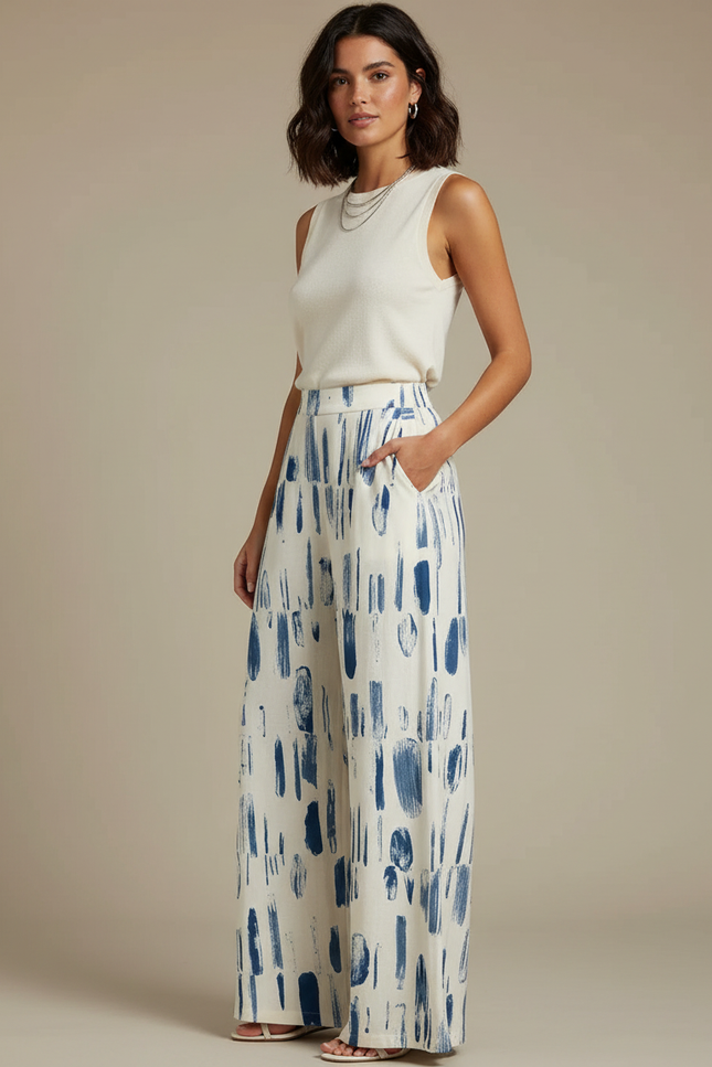 Pantalon Fluide Imprimé Pinceau Ample Décontracté Blanc Bleu - Viscose