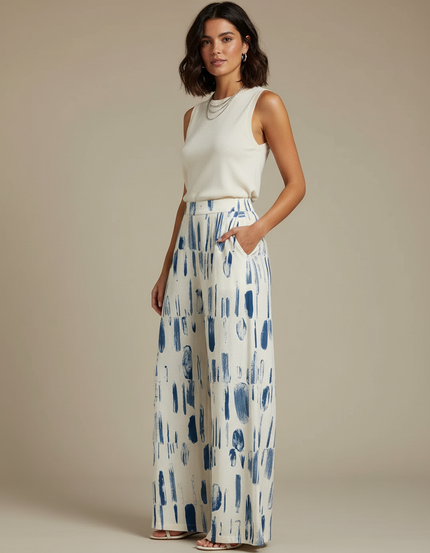 Pantalon Fluide Imprimé Pinceau Ample Décontracté Blanc Bleu - Viscose