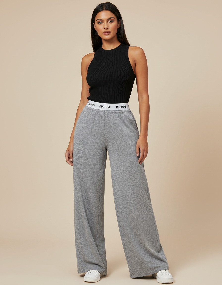Pantalon Fluide Gris Ample Décontracté Bande Logo - Molleton