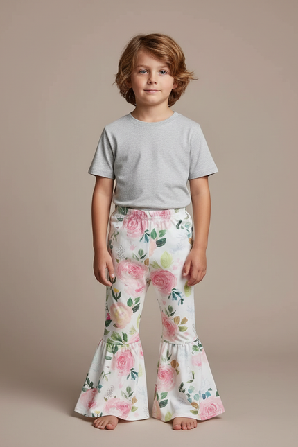 Pantalon Fluide Blanc Floral Évasé Confortable Enfant - Maille