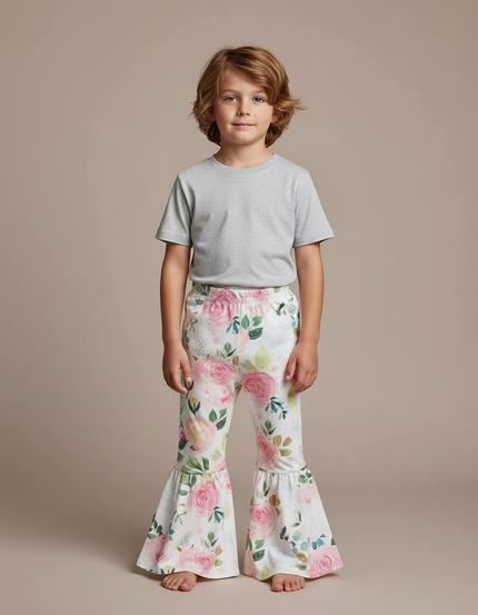 Pantalon Fluide Blanc Floral Évasé Confortable Enfant - Maille
