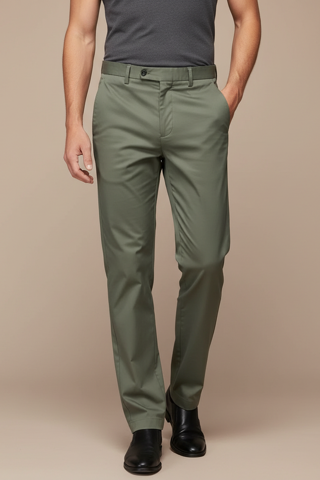 Pantalon Fluide Vert Droit Coton Business Homme - Gabardine