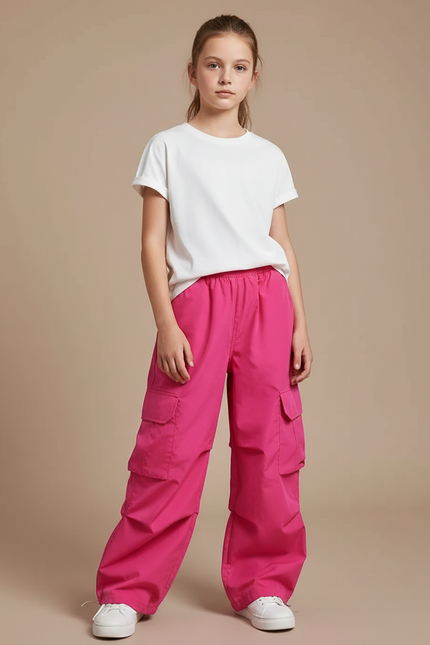 Pantalon Fluide Cargo Rose Ample Enfant Décontracté Streetwear - Polyester