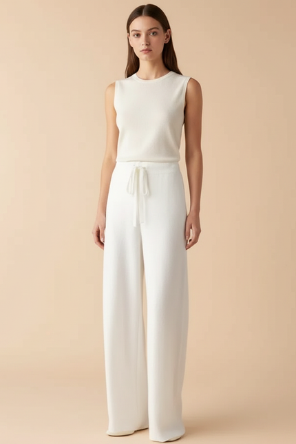 Pantalon Fluide Blanc Maille Ample Cordon Décontracté