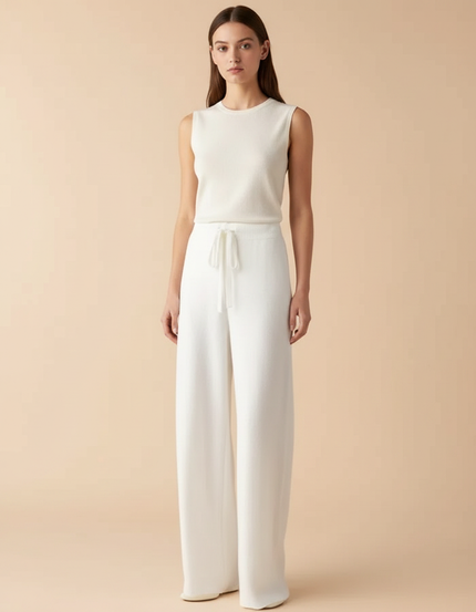 Pantalon Fluide Blanc Maille Ample Cordon Décontracté