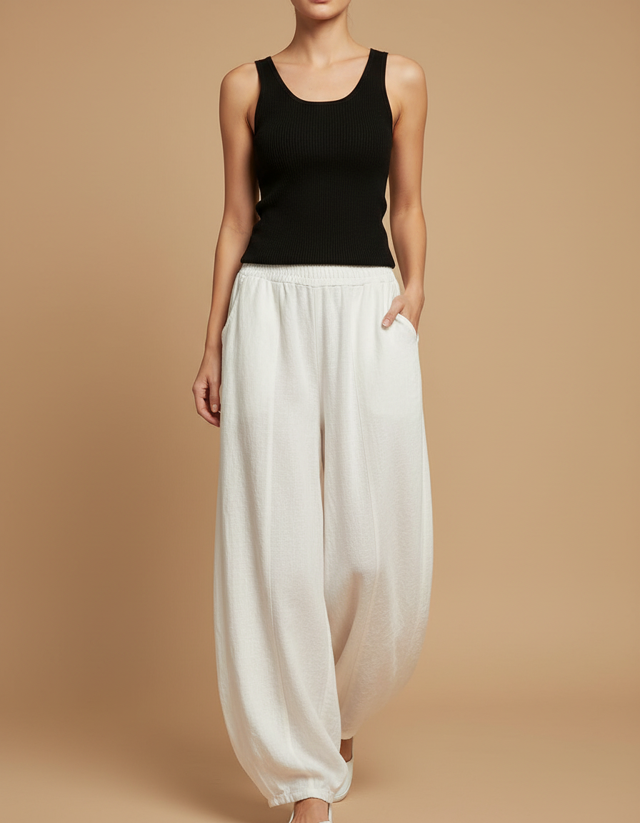 Pantalon Fluide Blanc Ample Lin Bohème Confortable