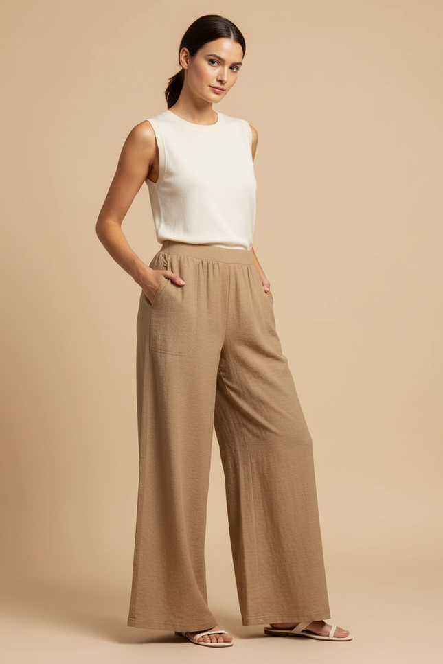 Pantalon Fluide Ample Beige Texturé Confortable Décontracté - Lin